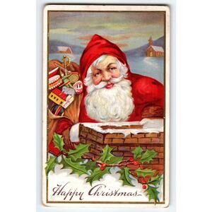Vintage Santa Claus Christmas Postcard with Toys & Chimney Scene Stecher